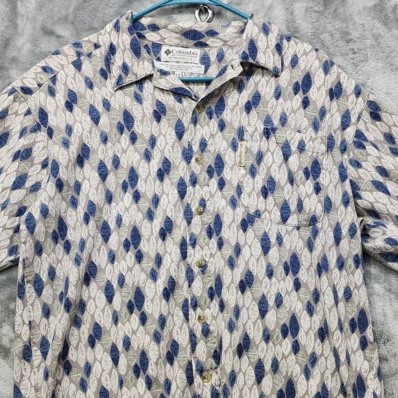 Vintage Columbia Shirt Mens M Blue Gray Flax Blend Leave Print Short Sleeves - Picture 2 of 10